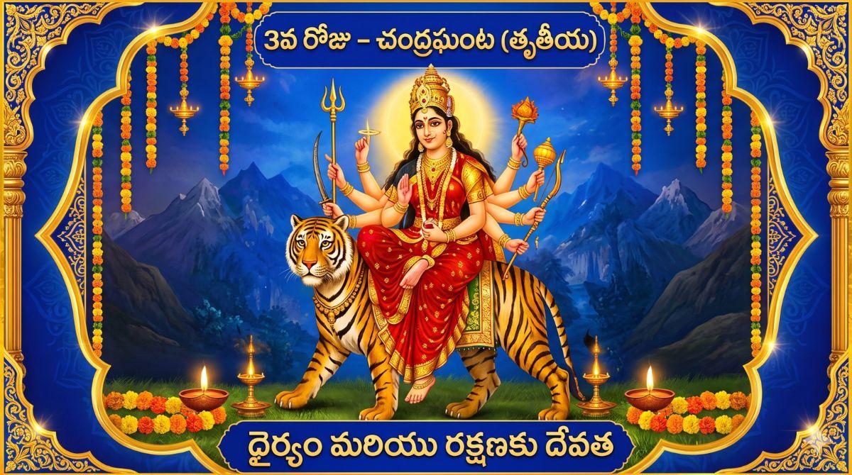 నవరాత్రి 3వ రోజు - చంద్రఘంటా దేవి: కథ, పూజా విధానం, మంత్రం మరియు నైవేద్యం | Navaratri Day 3 Chandraghanta Story and Mantra