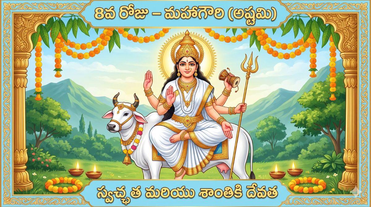 నవరాత్రి 8వ రోజు (దుర్గాష్టమి) - మహాగౌరి: కథ, పూజా విధానం, మంత్రం మరియు నైవేద్యం | Navaratri Day 8 Mahagauri Story and Mantra